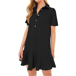 Women's Button Down Shirt Dress Summer Casual Short Sleeve Cotton Linen Ruffle Shift Mini Dresses, Medium (Black)