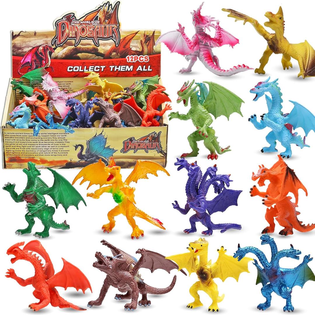 4 Inch Realistic Detail Dragon Toy Set with Gift Box, 12 Pcs Mini Dragon Figure in and Styles, Theme Party Favors Toy for Kids, Goody Bag Filler, Bulk Gifts, Cake Toppers