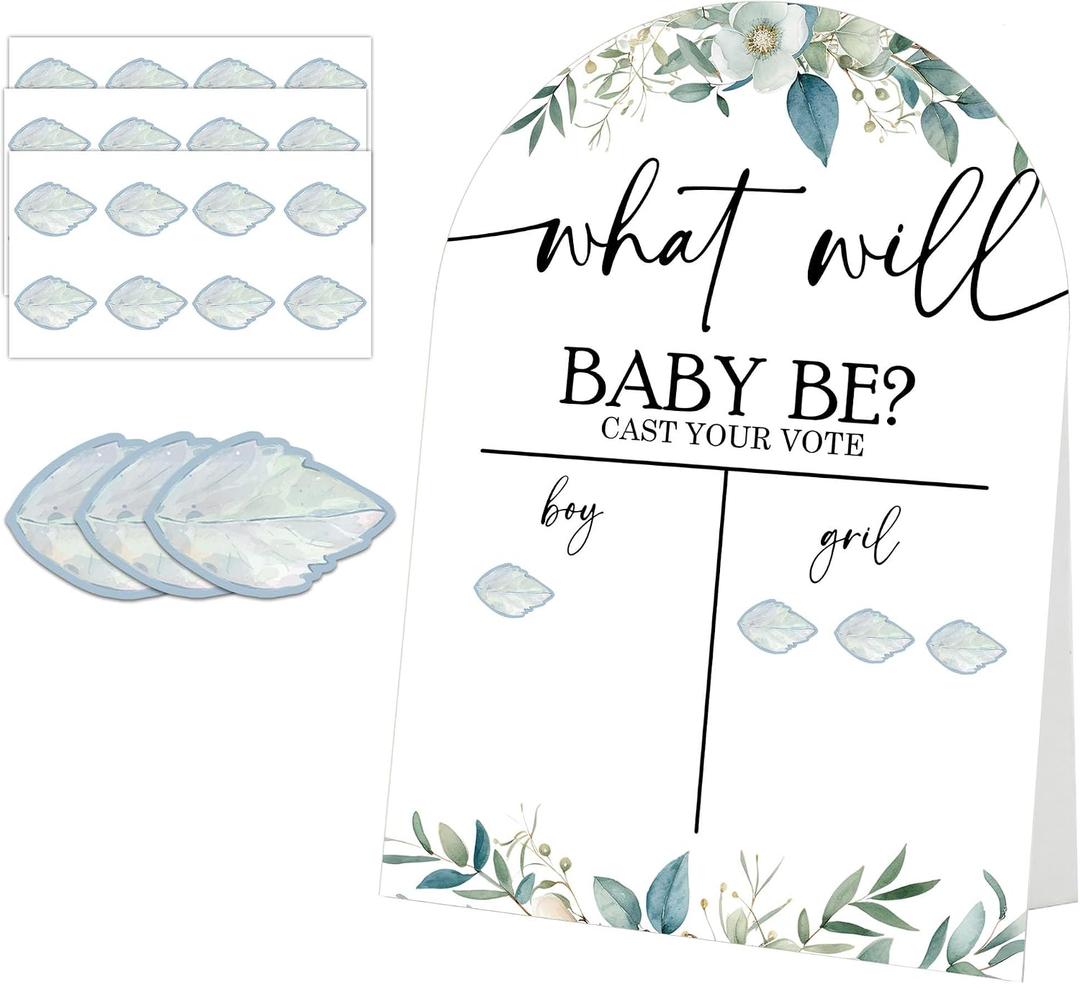 Greenery Gender Reveal Decorations - 1 Sturdy Sign With Support & 40 Green Leaves Stickers - Voting Gender Reveal Games For Boy Or Girl Ideas Games Baby Shower Supplies, Party Favors- A04
