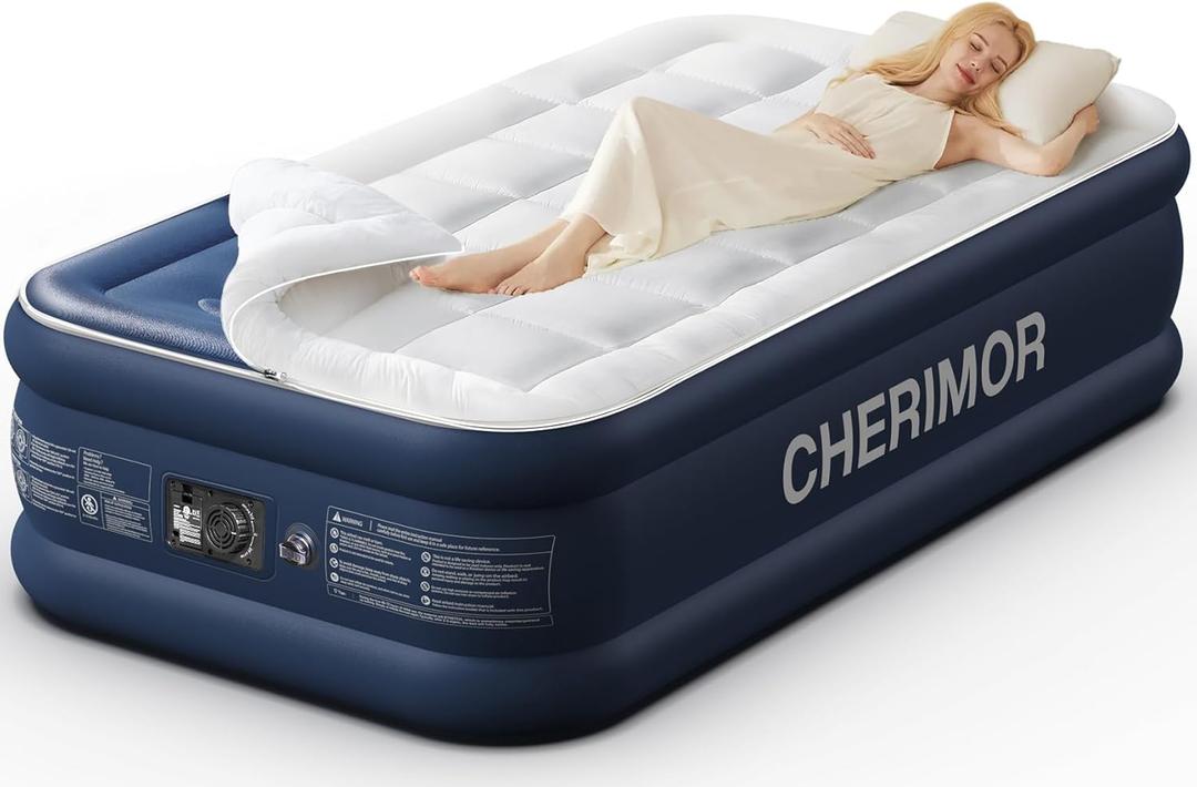 Cherimor Camping Air Mattress with Built in Pump - Twin Blow Up Mattress for Travel & Guests - Portable Bed Blue-Beige