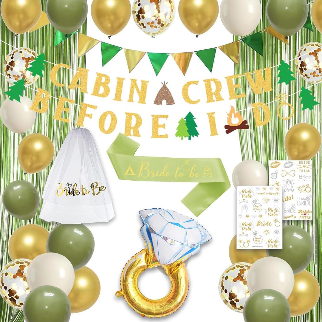 Roetyce Camp Bachelorette Party Decorations, Green Bride To Be Sash Veil Fringe Curtain, Cabin Crew Before I Do Banner Balloons Temporary Tattoos Kit, Camping Themed Bridal Shower Wedding Decorations