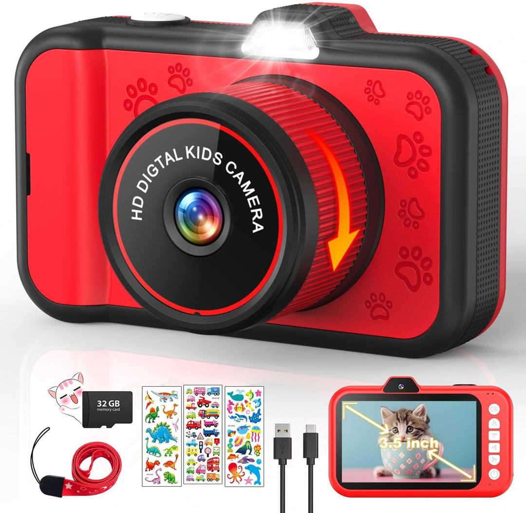 Kids Camera, Toddler Digital Camera with Rotating Zoom Lens, 3.5 Large Screen, 1080P Toy Camera for Kids with Flash, 32GB Card, Birthday Gifts for Boys Girls 3 4 5 6 7 8 9 10 11 12 Year Old (Red)