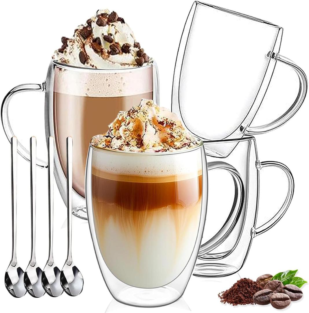DINGPAl 15 oz Double Walled Glass Coffee Mugs, Set of 4 Large Double Wall Layer Coffee Mug Insulated Borosilicate Glass Cups with Handle and Spoon for Latte, Cappuccino, Espresso, Americano