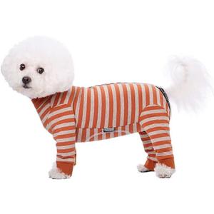 Dog Striped Recovery Suit, Puppy After Surgery Onesie for Female Male Dogs, Dogs Cats Long Sleeve Pajamas Bodysuit, Surgery Abdominal Wound Bandages Clothes, Dog Pant for Shedding Skin Disease (Small, Orange)