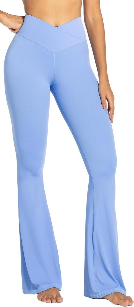 Sunzel Flare Leggings, Crossover Yoga Pants with Tummy Control, High-Waisted and Wide Leg (Medium, Light Blue)