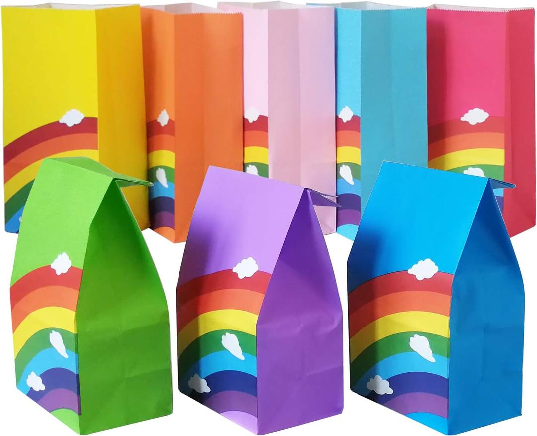Future Life 24 pcs Rainbow Party Favor Paper Bags, 5.2 * 3.2 * 9.6 Inch, Food Safe Kraft Paper and Ink, Natural (Biodegradable), Vivid Colored,Give Away Bags.