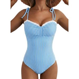 Herseas Womens Striped One Piece Swimsuits Tie Shoulder High Cut Tummy Control Bathing Suit 2026 Summer Beach Swimwear Medium