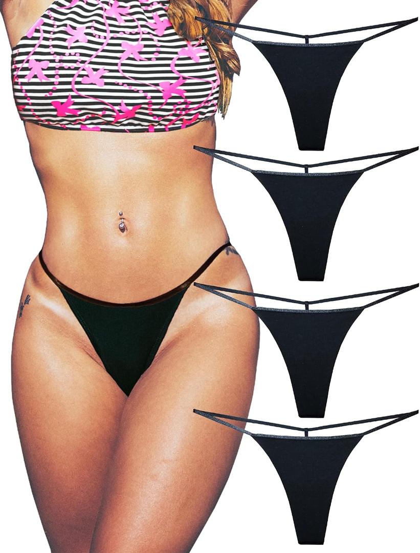 Cotton G String Thongs for Women T Back Gstring Underwear Seamless Panties Tangas Sexy 4 Pack Set (Black, L)