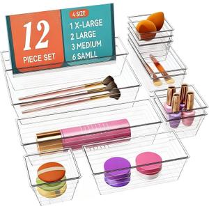 DCA 12 Pack Clear Drawer Organizer, 4 Sizes Makeup organizer, Vanity Organizer for Gadgets,Kitchen,Bathroom,Office