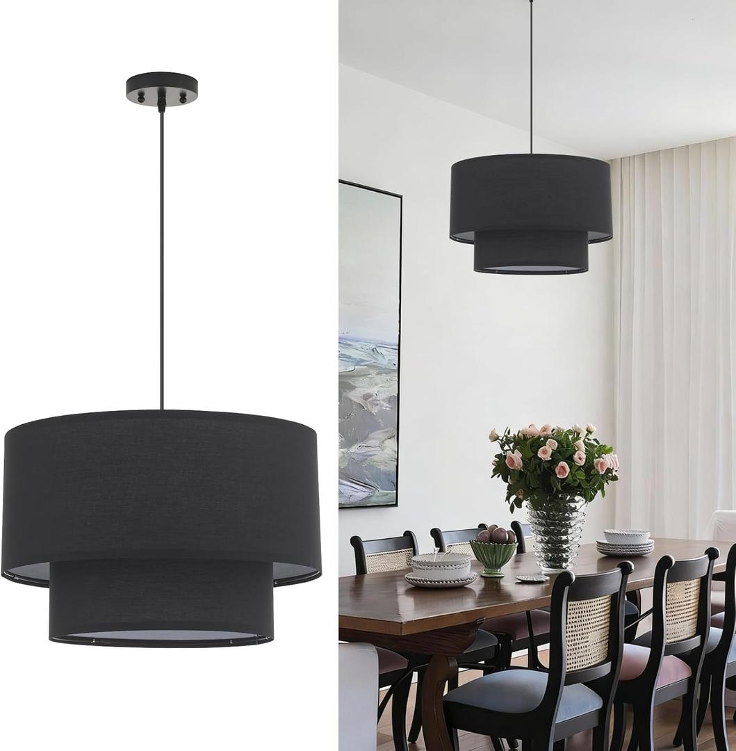 VILUXY Modern Black Chandelier Fabric Pendant Light Fixture Double Drum Shade Hanging Ceiling Chandelier 3 Lights Round Linen for Bedroom Dining Room Living Room Foyer, Black
