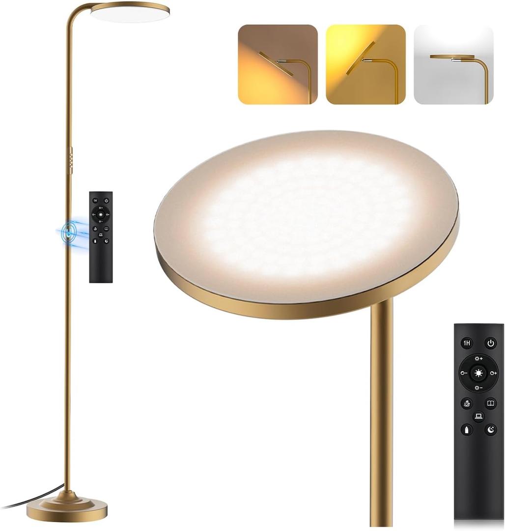 36W LED Floor Lamp, Upgrade Super Bright Standing Lamp, Modern Stepless Dimmable Torchiere Tall Lamp with Remote Control, 350Rotating Head Reading Floor Lamp for Living Room, Bedroom, Office (Gold)