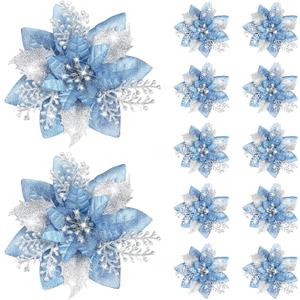 12 Pieces 5.7 Inch Christmas Poinsettia Flower Christmas Glitter Artificial Flower with Clips Xmas Tree Ornament for Wreath Garland Party Decor (Sky Blue)