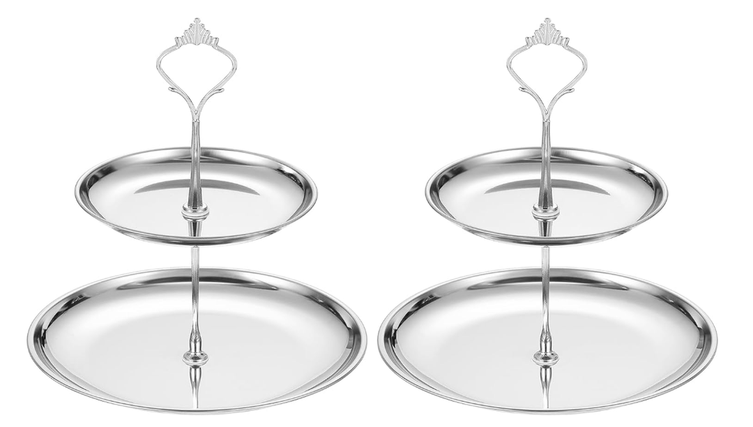 uxcell 2 Sets 2Tier Cupcake Stand Holder, Round Tiered Serving Tray Stainless Steel Cup Cake Stand for Dessert Fruit Table Birthday Party Decoration Display, Silver