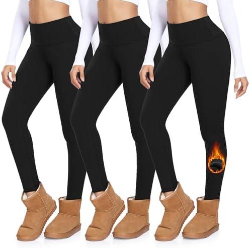 MOREFEEL 3 Pack Thermal Fleece Lined Leggings Women,High Waisted Tummy Control Warm Winter Yoga Workout Thick Pants S-M