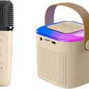 Karaoke Machine for Kids and Adults, Mini Karaoke Bluetooth Mic Singing Speaker with Wireless Microphones and 7 Color Lights, Toys for All Phones, Birthday, Children's Day Gift, Family Party (Beige)