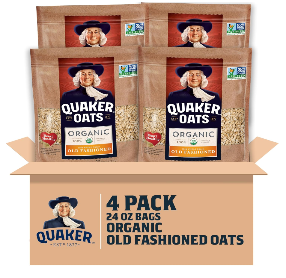 Quaker Old Fashioned Rolled Oats, USDA Organic, Non GMO Project Verified, 24oz Resealable Bags (Pack of 4), BB July 18, 2026