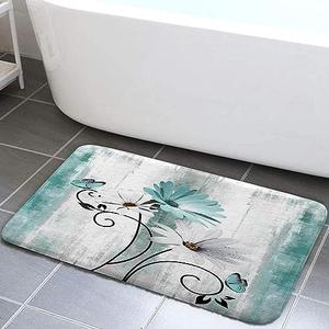 VeiVian Rustic Farmhouse Bath Mat, Farm Teal Daisy Floral Flowers Butterfly Country Wooden Bath Rug for Bathroom, Grey White Bath Mat Soft Non Slip Bath Rugs, 17X29IN