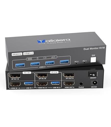 Tailaiera Displayport KVM Switch 2 Monitors 2 Computers, with 4 USB 3.0 Ports for 2 Computers Sharing Dual Monitors Keyboard Mouse Printer with 2 USB Cables, Power Adapter and Controller