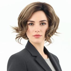 TISHINING Layered Short Ombre Brown Wavy Bob Wigs for Women Chin Length Mixed Brown Synthetic Hair Wig with Dark Roots Natural Looking Daily Party Wigs for White Women