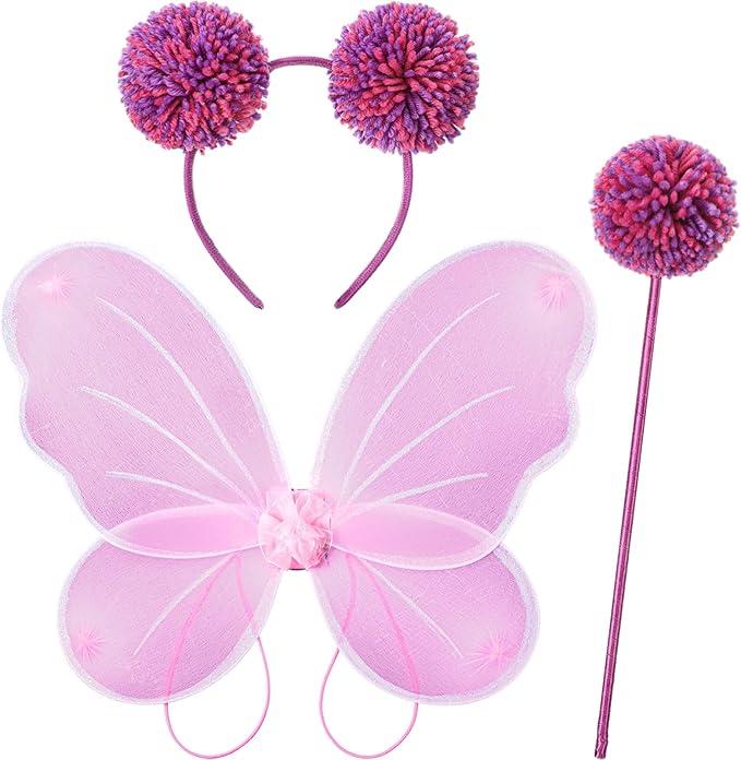 Haysandy 3 Pcs Halloween Pink and Purple Costume, Dress up Party Supplies for Kids, Fairy Butterfly Wings with Pom Headband Bopper Pom Wand, Cosplay Accessories Set Girls, Anime Party Costume Accessories