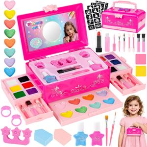 Kids Makeup Kit for Girls, Real Washable Cosmetic Set with Mirror, Face Paint with Stencils & Brushes, Play Make Up Princess Toys Christmas & Birthday Gifts for Kids 8-10 Years Old