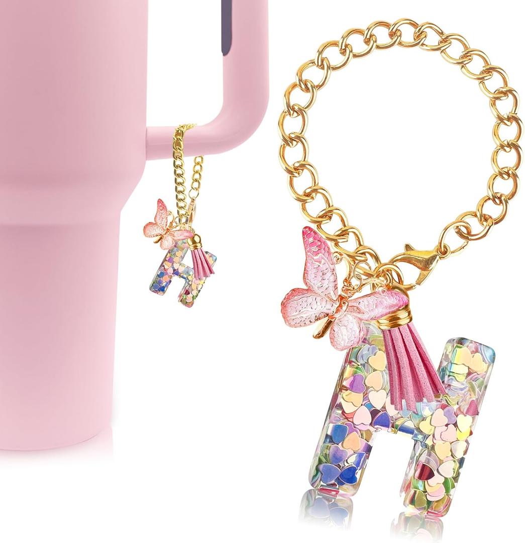 Velaco Letter Charm Accessories for Stanley Cup with Handle, Cute Initial Letter H Keychain Handle Charm with Butterfly for Stanley Tumbler for Women Girls