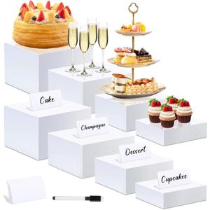 Buffet Risers Set of 8 Acrylic Cube Display Stands Box Risers with Hollow Bottoms 4 Different Size Dessert Table Display Set Food Nesting Risers for Buffet Table, Cupcake Candy Food, Parties, Brunch, Weddings (8 PCS White Cube)