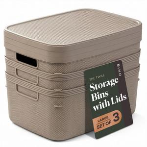 BINO | Plastic Storage Bins with Lids, 13 Liter - 3 Pack, Taupe | THE TWILL COLLECTION | Plastic Bins for Organization | Woven Storage Baskets for Organizing | Pantry Shelf Organizer Basket Bin