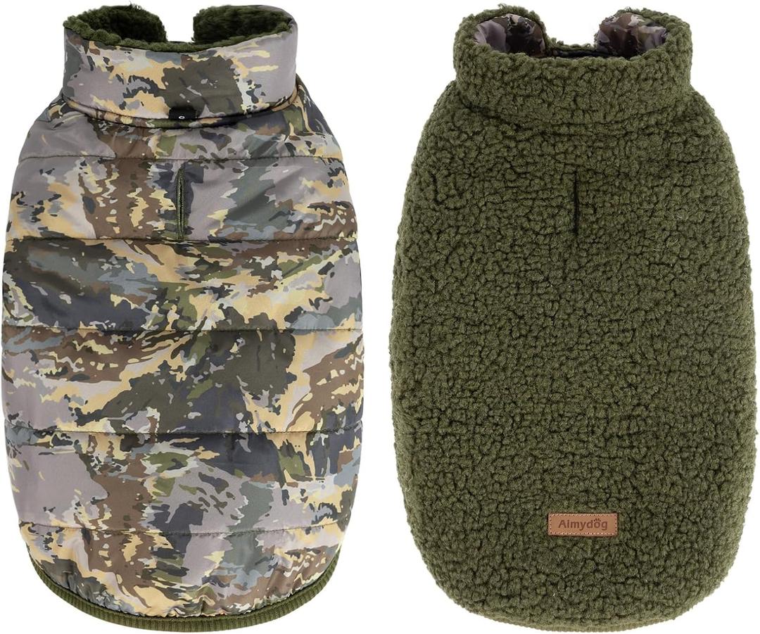 Winter Dog Coat, Reversible Jacket for Small Medium Large Dogs, Camouflage Warm Thickened Sherpa Fleece Doggie Pet Vest, Green, Size: Large