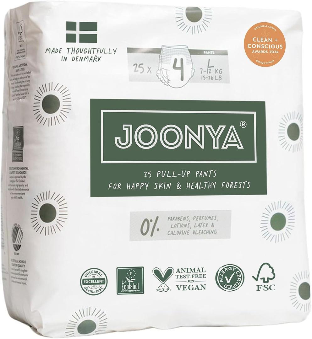 Joonya Pull-Up Pants Baby Diapers, Size 4 L (15-26 lb) - 1 Bag of 25 - Non Toxic, Eco-Friendly, High Absorbency, Overnight Use, Ultra Slim & Soft - Made in Denmark