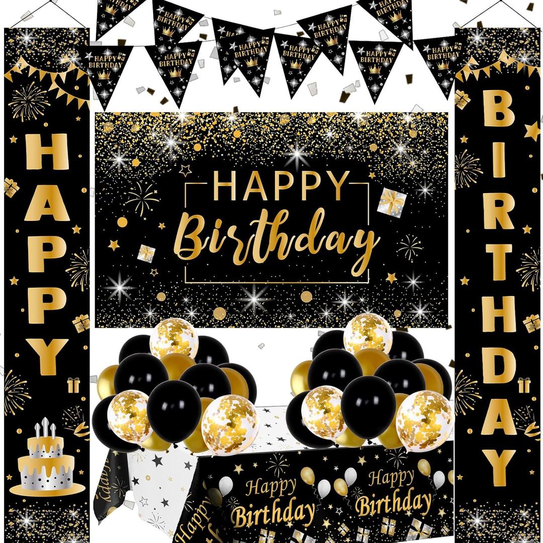Black and Gold Birthday Decorations for Men Women, 37pcs Black and Gold Party Decorations with Backdrop, Tablecloth, Confetti Balloons, Banner, Balloon Arch Kit for Birthday Party