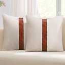 cygnus Teddy Boucle Decorative Throw Pillow Covers 18x18 Inch Faux Leather Striped Contrast Accent Fluffy Faux Fur Sherpa Pillowcase Neutral Boho Farmhouse Decor for Couch Bed Living Room,Cream 2PCS