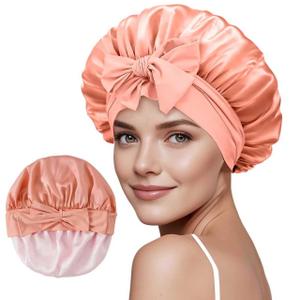ZIMASILK 100% Mulberry Silk Bonnet for Sleeping Women Long Hair Double Layer Silk Hair Wrap with Tie Band Stay On Head (1Pc, Coral)