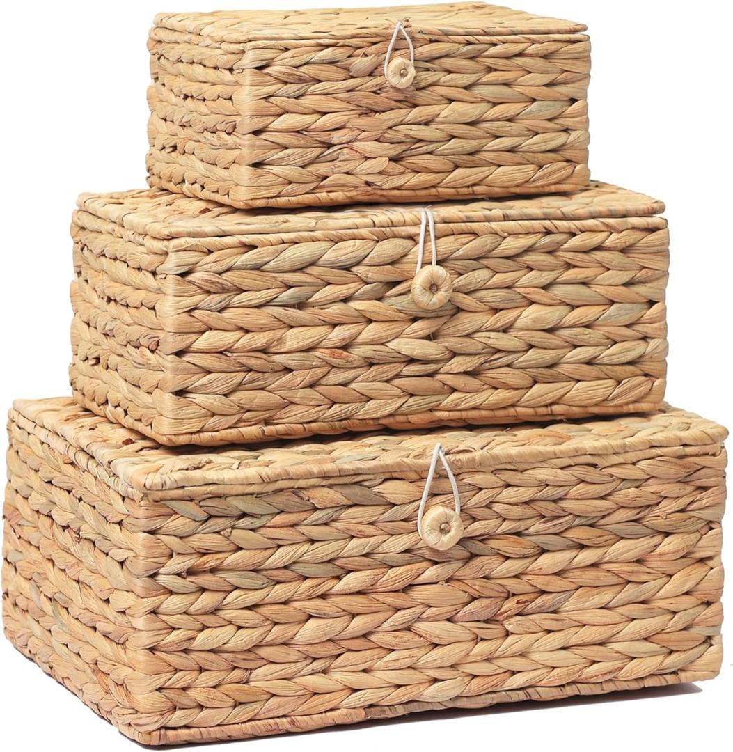 Set of 3 Wicker Storage Baskets with Lid, Large Rectangular Rattan Basket Decorative Boxes, Natural Water Hyacinth Wicker Basket for Shelf Organizer, Nursery Room