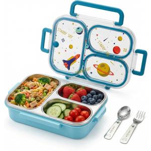 WORTHBUY Microwavable 304 Stainless Steel Bento Box With Utensils, Metal Lunch Container With 3 Compartments, Leak Proof Lunch Box, Portable Concealed Handle, BPA Free, Dishwasher Safe [Planet]