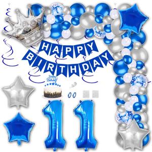 3 x 11st Birthday Party Decorations Blue Happy Birthday Banner Latex Confetti Balloons Number 11 Foil Balloon Silver Crown Star Mylar Balloon Cake Topper for Men Women Anniversary Party Supplies