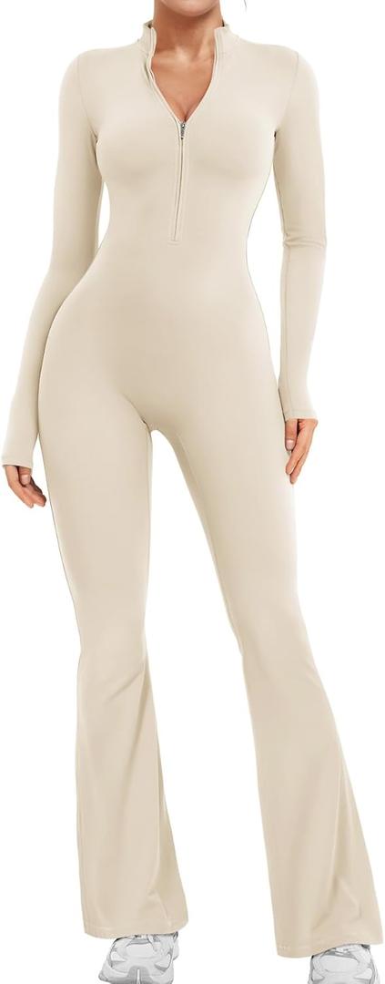 YEOREO Women Long Sleeve Flare Workout Jumpsuit Zip Up Romper Bottom Pants Wide Leg Bodysuit Bodycon Sexy One Piece (Large, Cream)