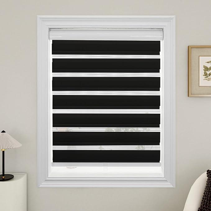 Cordless Zebra Blinds for Windows, Dual Layer Light Control Blinds for Indoor Windows, Light Filtering Roller Blinds & Shades, Black, 30" W x 72" H