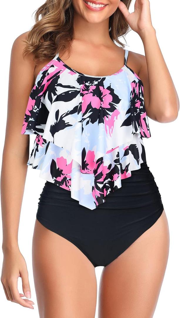 American Trends High Waisted Tankini Swimsuits for Women Flounce Top Tummy Control Bathing Suits (6-8, 13 Red White Black)