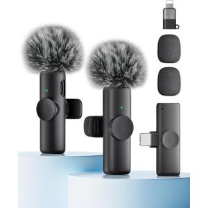 Wireless Microphone for iPhone iPad and Android Phone, 2 Pack Wireless Lavalier Lapel Mic with Noise Reduction, Plug and Play Mini Microphone for Video Recording Interview Podcast YouTube TikTok Vlog (Mic 2 (2 TX + 1 RX))