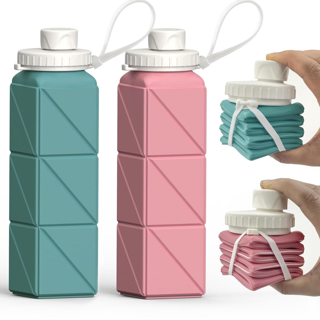BEAUTAIL Collapsible Water Bottles 20.6oz 2 Pack, Silicone Foldable Portable Travel Water Bottle, Lightweight Reusable Leakproof for Traveling Camping Hiking Cycling Sports Outdoor (Blue+Pink)