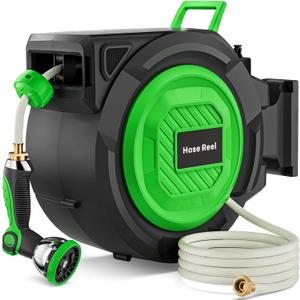 Retractable Garden Hose Reel, 1/2 in x 100 ft Automatic Slow Rewind System & Any Length Lock, Heavy Duty Wall-Mounted Hose Reel with 180° Swivel Bracket,10-Pattern Nozzle for outside Watering,Cleaning