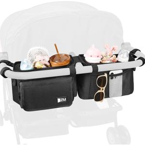 ZZM Double Stroller Organizer with 2 Cooler Pockets,Compatible for Bob Duallie, Jeep and Baby Jogger City Mini GT2, Double Baby Stroller Accessories, Parent Console Double Jogging Stroller Organizer