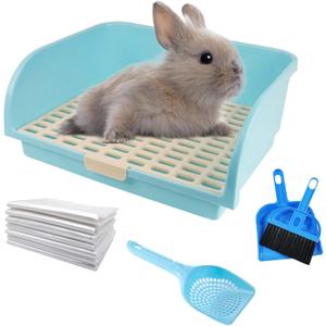 kathson Large Rabbit Litter Box, Pets Toilet Potty Trainer Tray Corner Small Animals Litter Bedding Box Bigger Pet Pan with Grass Mats for Adult Guinea Pig/Chinchilla/Ferret/Rabbit (Blue)