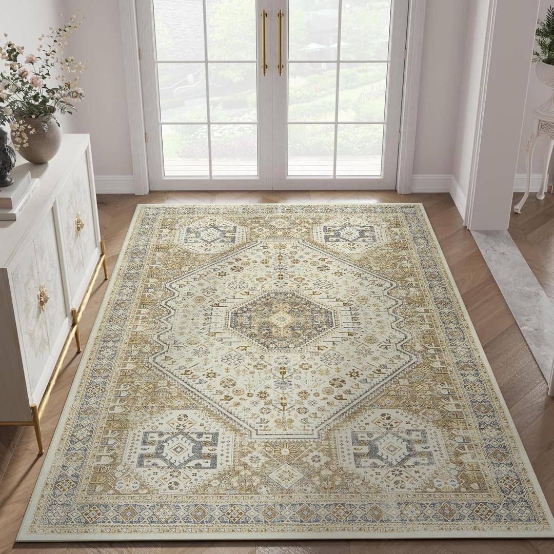 jinchan Area Rug 5x7 Washable Non-Slip Vintage Rug Bohemian Decorative Kitchen Mat Indoor Floor Bohemian Printed Carpet for Living Room Bedroom Dining Room Home Office Taupe