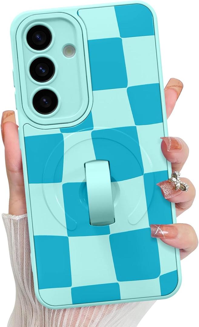 KANGHAR Compatible with Samsung Galaxy S25 Case Checkered Pattern -Blue | Support for MagSafe, Silicone Cute, Wristband Kickstand Camera Protection Soft Slim Cover for Girls Women