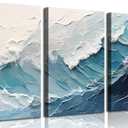 3Pcs Blue Abstract Wave Canvas Wall Art Modern Neutral 3D Textured Ocean Landscape Pictures Wall Decor Blue and White Coastal Posters Prints for Living room Bedroom 16x24in