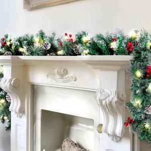 9FT Christmas Garland with Lights, Timer Artificial Lighted Garland Indoor for Stairs, Fireplace, 50 Lights Green Garland, Christmas Decoration with Cones & Red Berries & Pine Needle