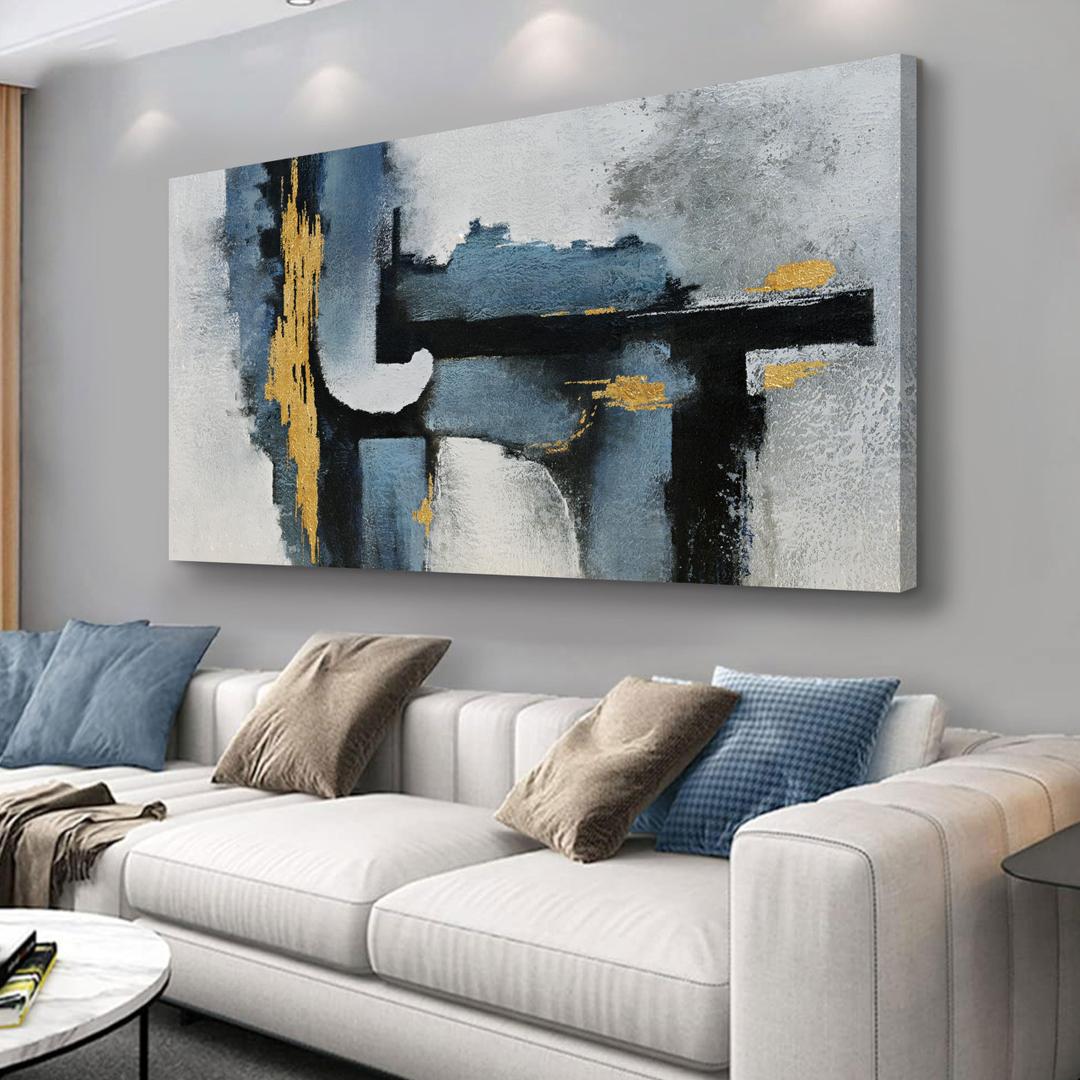 Abstract Wall Art Framed Wall Decor Modern Canvas Abstract Wall Art Black-Blue and Gold Grey Abstract Artwork for Living Room Bedroom Dining Room Home Office Decor 24"x48"