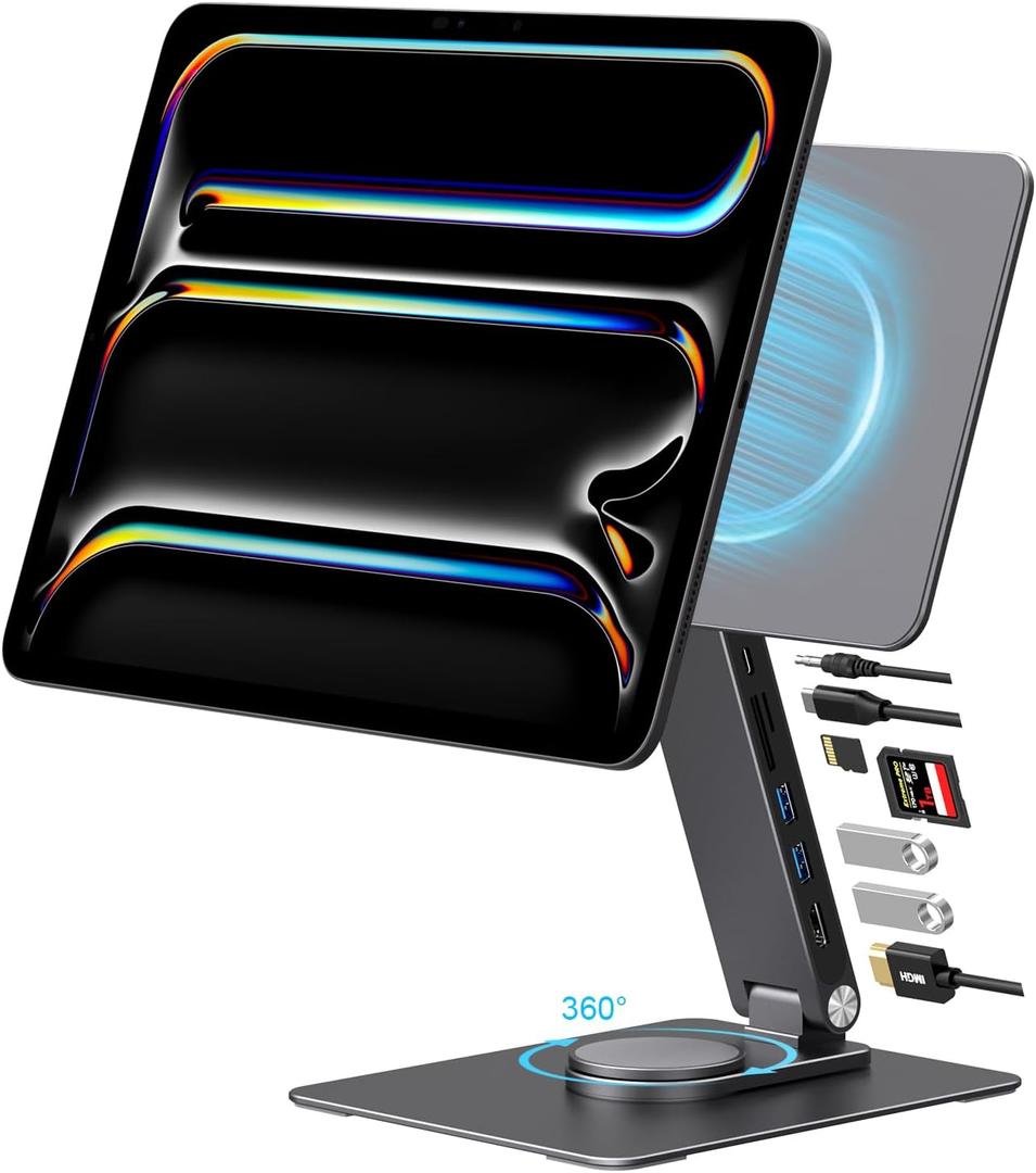 iPad Pro Magnetic Stand Hub for iPad Pro 13 inch (M4) 2024, Foldable Stand Dock Holder with 360 Rotation, 4K HDMI, Card Readers, USB3.0 5Gbps, 100W PD, 3.5mm Audio